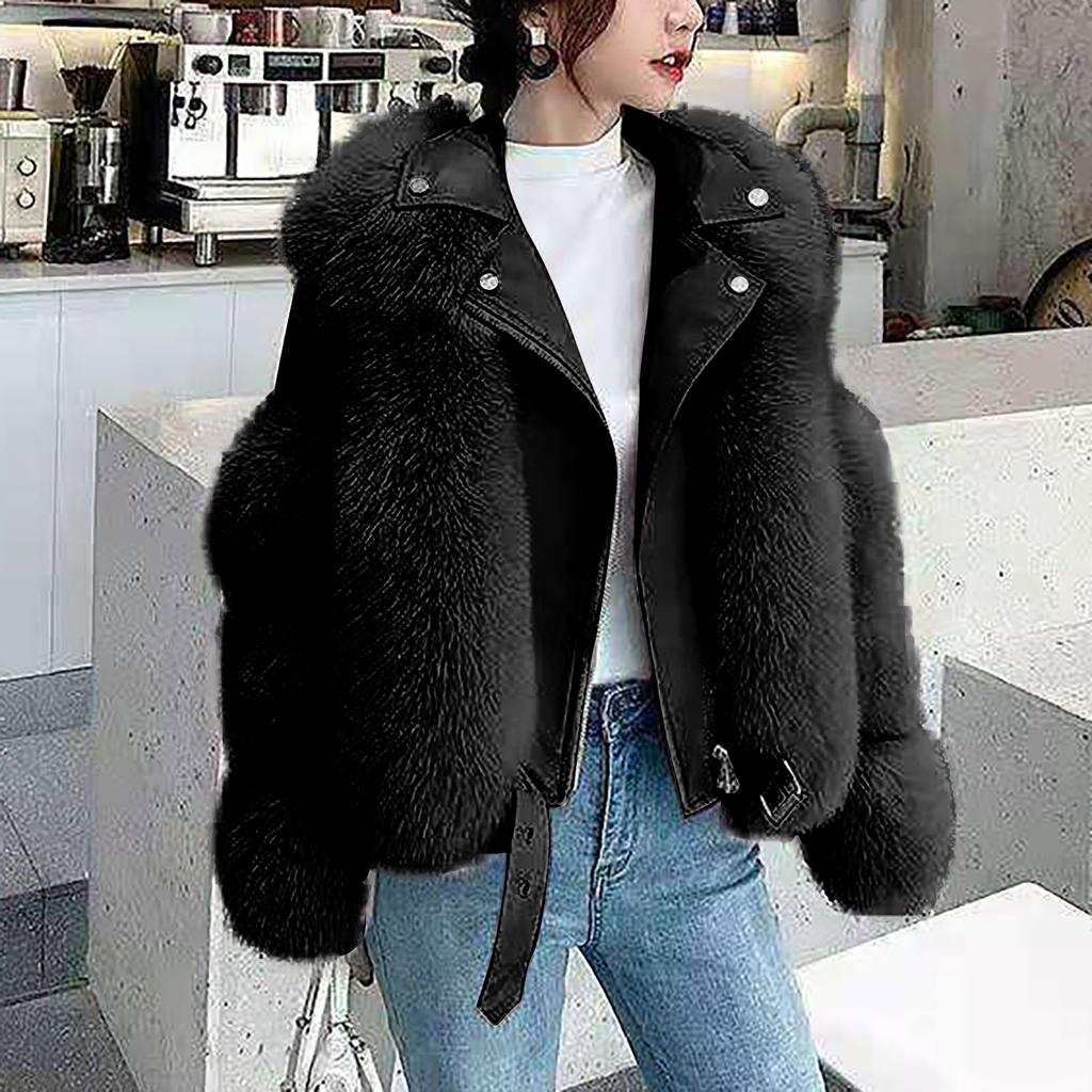 Womens Ladies Warm Solid Color Plush Long Sleeve Motorcycle  Winter Short Coat