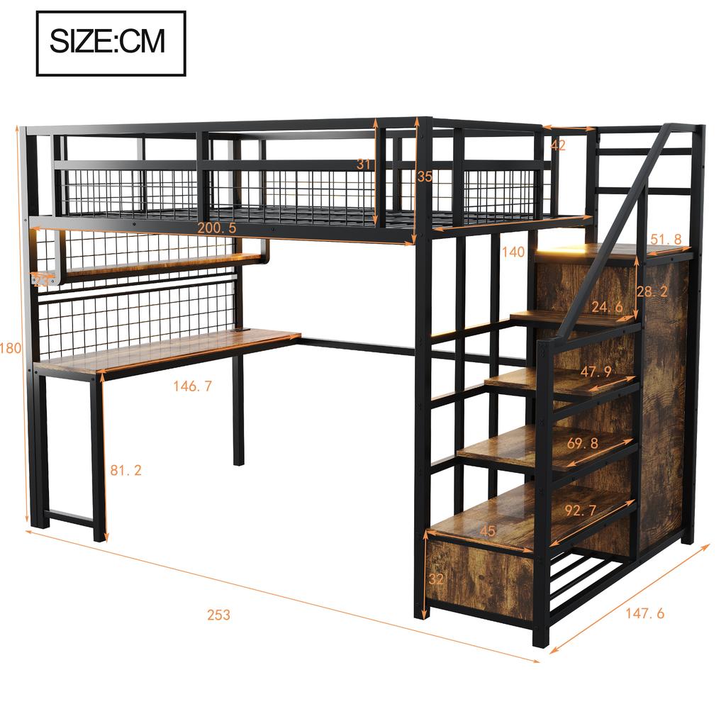 Metal Loft Bed 140 X 200 Cm with Storage Ladder and Simple Wardrobe, with Shelf, Table and Mesh Shelf, with Light Strip Socket, Black, SKU LDB00433AAB