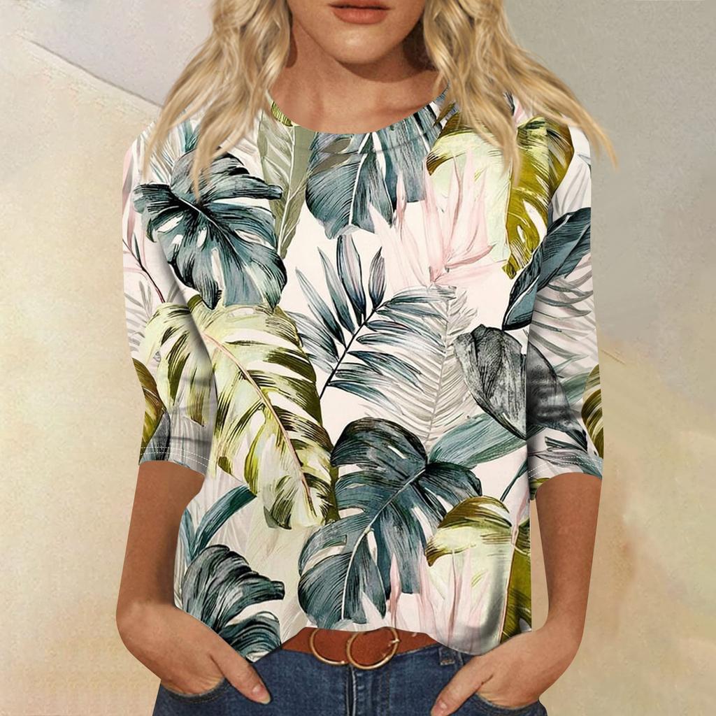 Women's Fashionable Casual Round Neck Three-Quarter Sleeve Printed T-Shirt Top