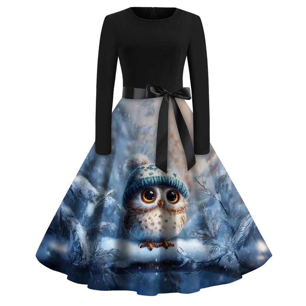 Women's Fashion Round Casual Slim Fit Christmas Print Large Swing Long Sleeve Dress