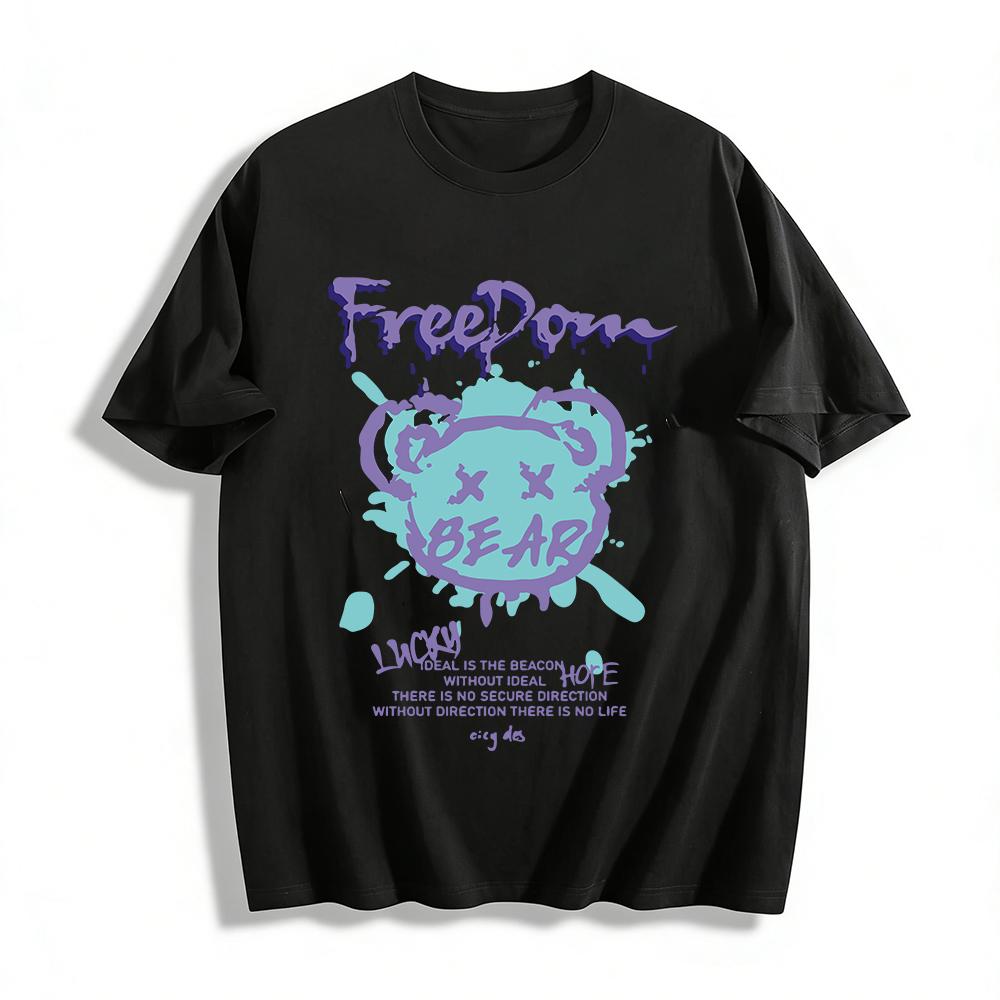 

Graffiti Style Bear Print T-shirt Freedom Theme Casual Loose Top For Men And Women Streetwear Pure cotton T-shirt XXS