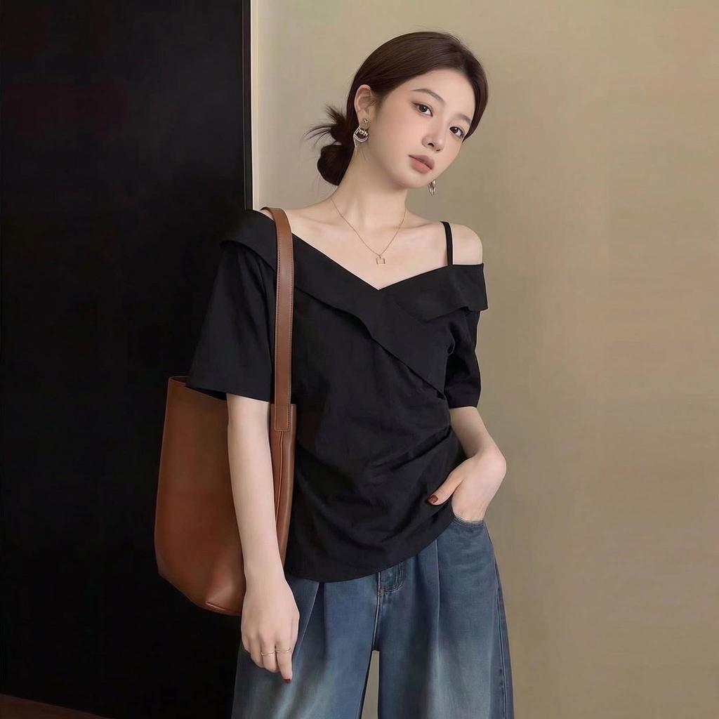 Summer new Korean chic style short-sleeved shirt women's sweet and spicy waist and thin explicit temperament small top A