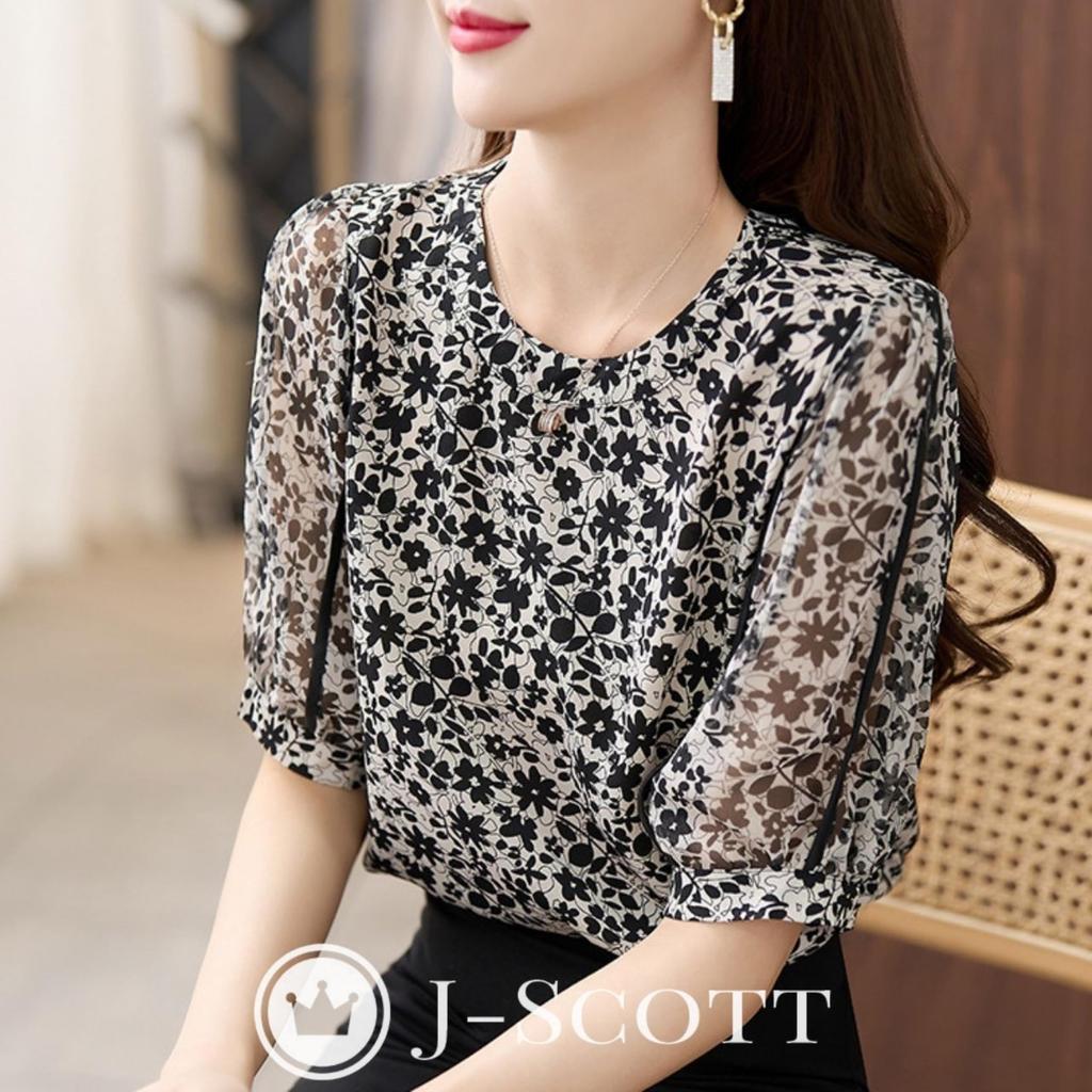 Botanical Pattern Chiffon Puff Upper Arm Floral Monotone Slender Spring Spring Easy Care 5 Class S Work Fall Fashionable Black [J-Scott] [Limited