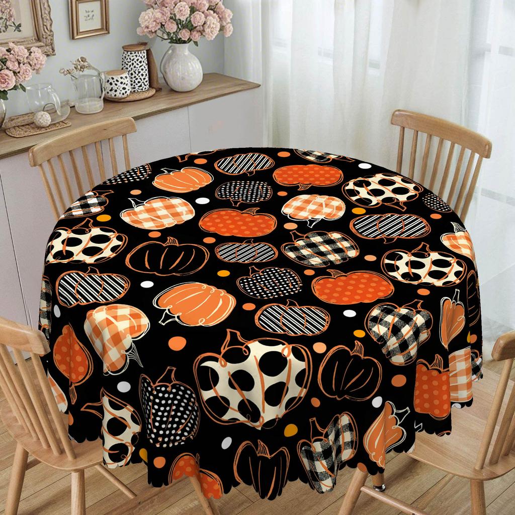 1 Halloween Tablecloth - Vintage Polka Dot Pumpkin, Durable Polyester Fabric For Round And Rectangular Dining Tables
