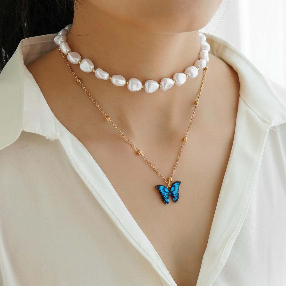 2 Pcs/set Women's Necklace Butterfly-shape Pendant All-match S Pearl Double-deck Necklace set