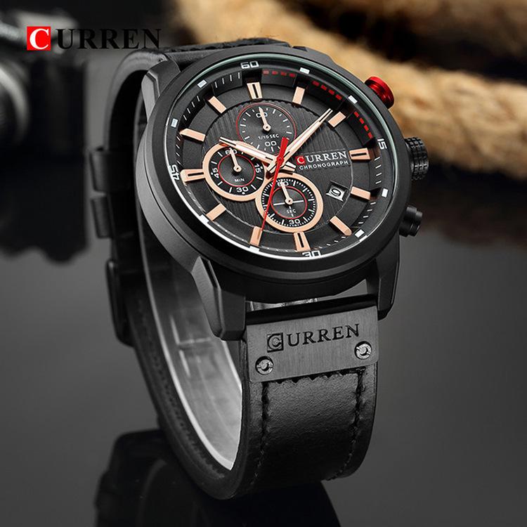 Curren 8291 Men's Multifunctional Leather Strap Watch with Six-Hand Calendar and Large Dial