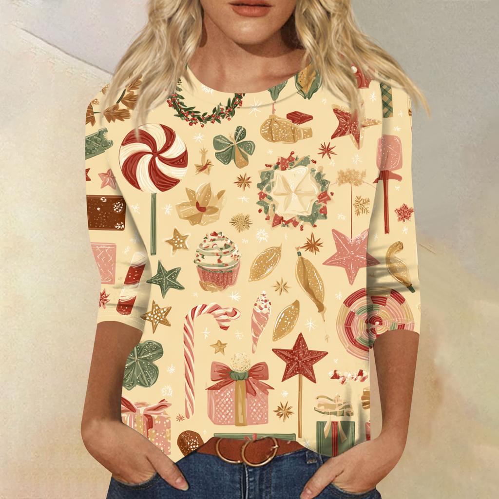 Women's Fashion Casual Round Neck Three-quarter Sleeve Christmas Print T-shirt Top