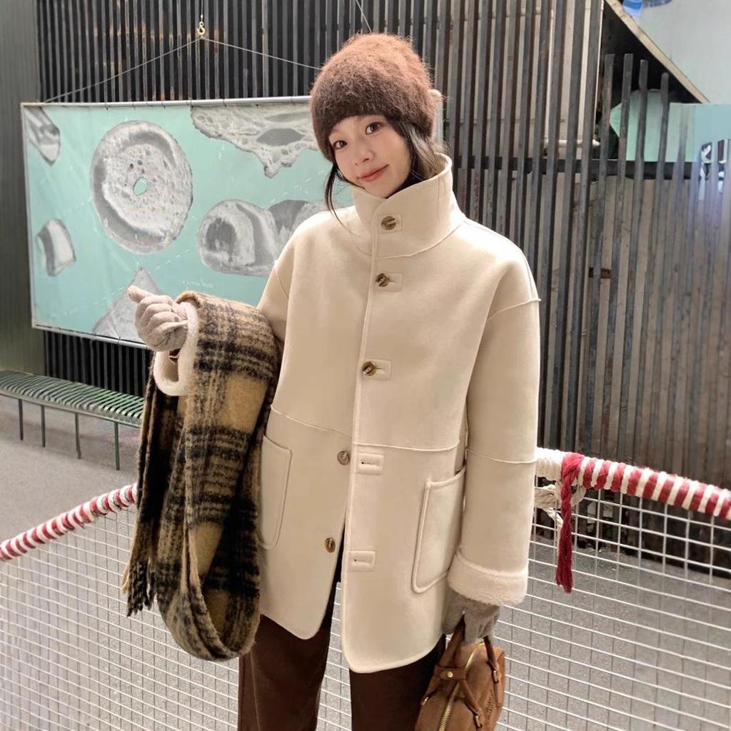 New Reversible Wool Blend Lambswool Suede Jacket with Stand Collar