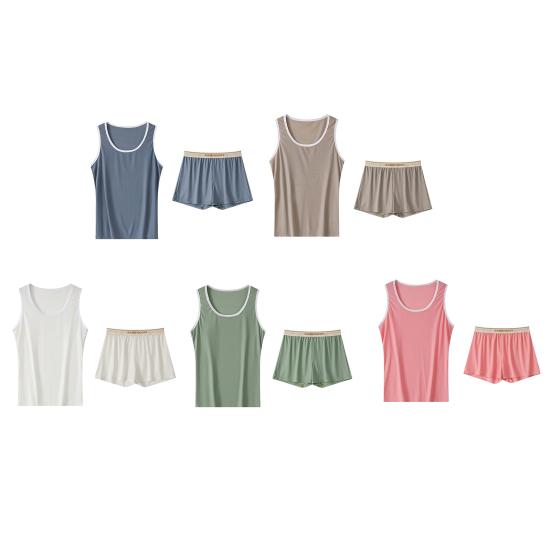 2Pcs/Set Men Pajamas Set U-Neck Sleeveless Vest Elastic Waist Wide Leg Shorts Set Summer Sleepwear Home Wear