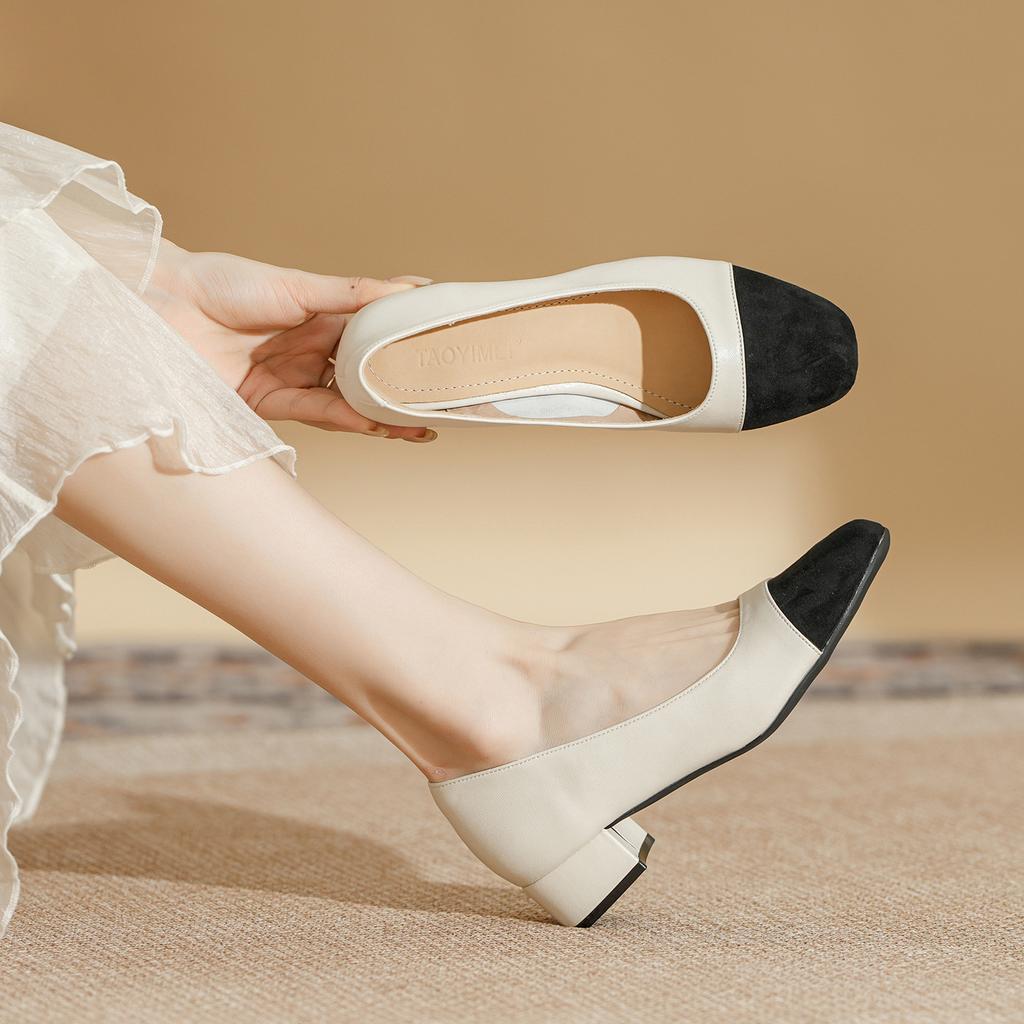 Leder quadratischer Kopf Farbabstimmung kleiner Duftstil niedriger mittlerer Absatz Blockabsatz Einzelne Schuhe Damen Koreanische Version Frühling und Herbst neu Frenc