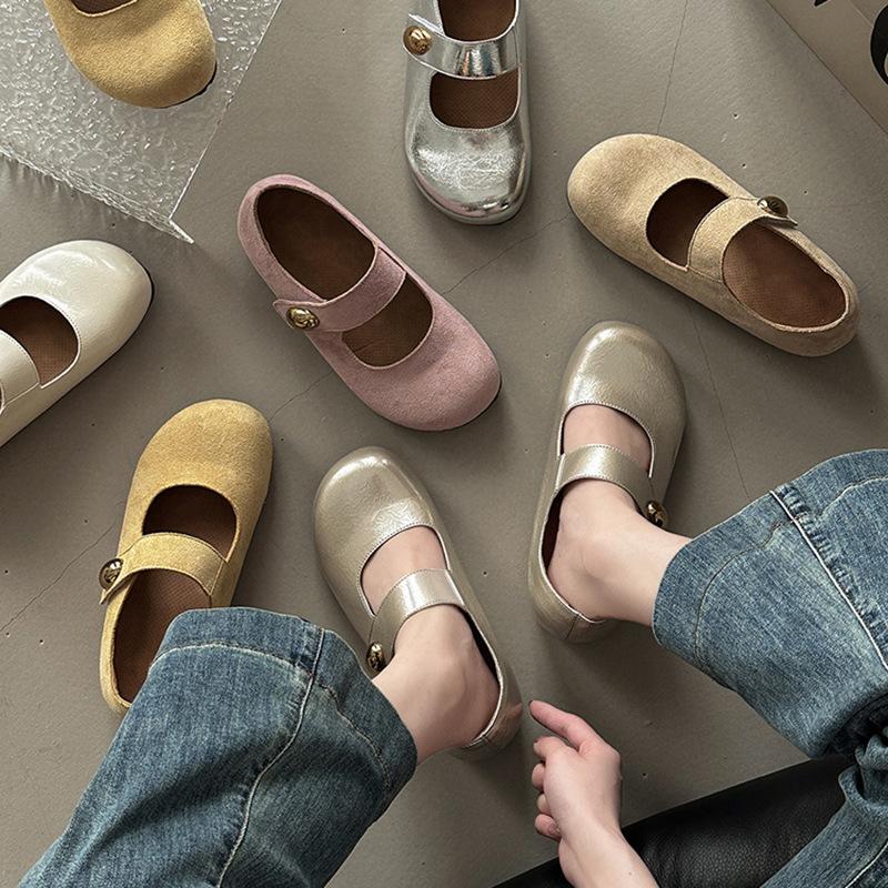 Fashion Versatile Leather Shoes Casual Retro Mary Jane Shoes Women's Summer New Simple One-word Buckle Ballet Shoes Single Shoes