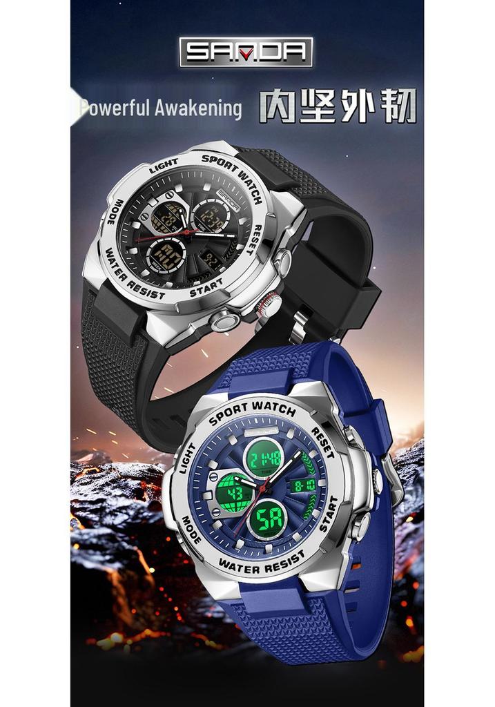 Sanda Men's Trendy Outdoor Sports Watch - Waterproof, Luminous, Multifunctional with Dual Display & Alarm.