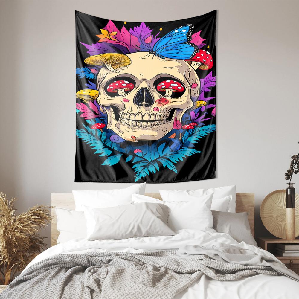 Mysterious Skull and Butterfly Tapestry  Colorful Mushroom and Feather Decor Home Wall Art Decoration