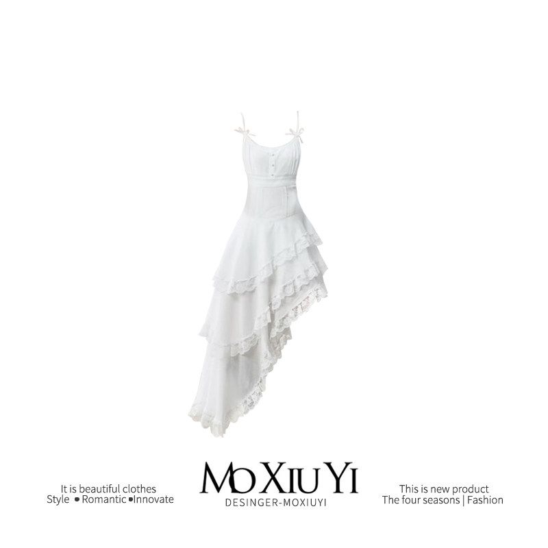 

Mo [In Stock] White Lace Sling Dress Female Summer Fairy Stylish Asymmetrical Oblique Swing Waist-Slimming Long Dress White Long Skirt S