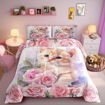 Kawaii Pink Cat Bedding Set Twin/Full/Queen Size Floral Pink Rose Blossoms Duvet Cover Set for Women and Girls Room Decor