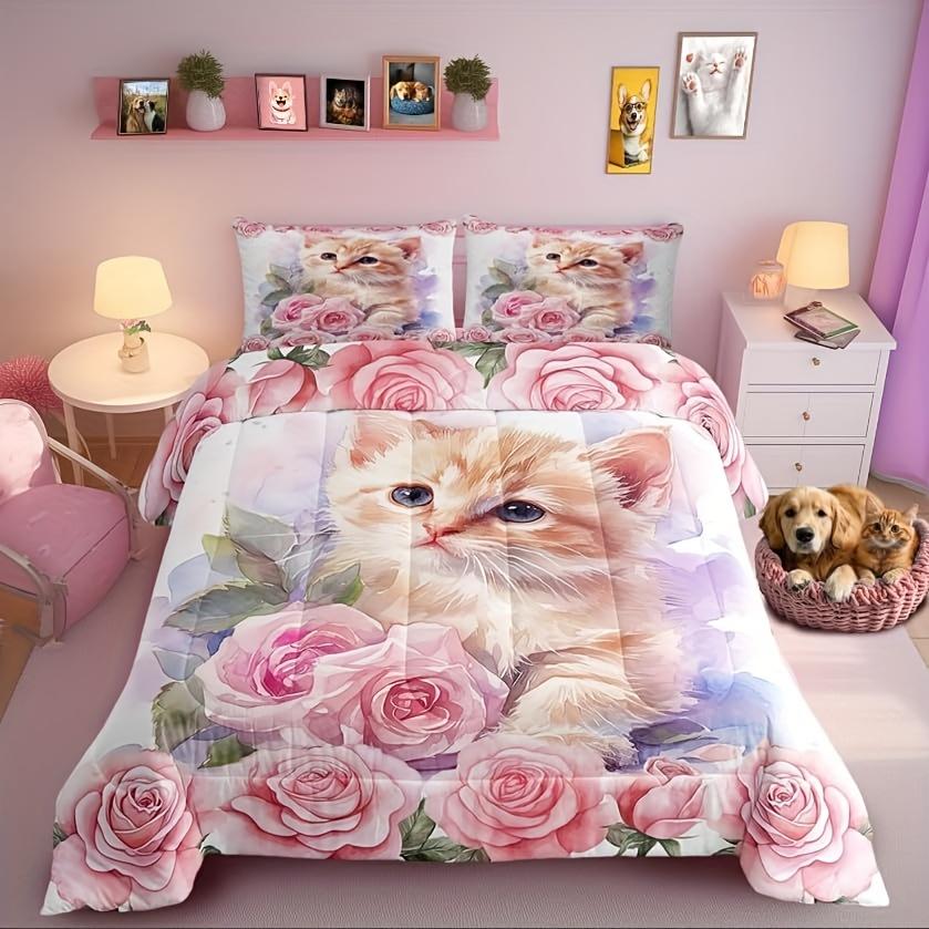 

Kawaii Pink Cat Bedding Set Twin/Full/Queen Size Floral Pink Rose Blossoms Duvet Cover Set for Women and Girls Room Decor EU Twin(135x200cm)