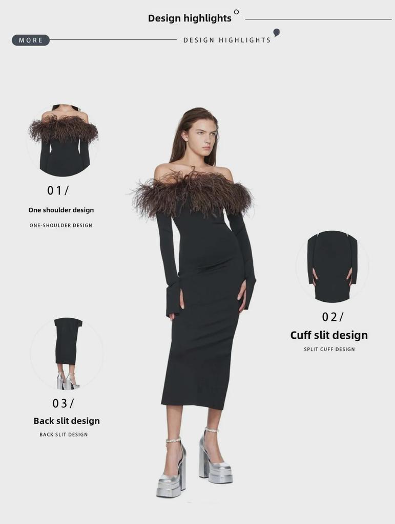 2023 Černé jarní šaty na jedno rameno s dlouhým rukávem a bandážovým efektem z pštrosího peří pro ženy