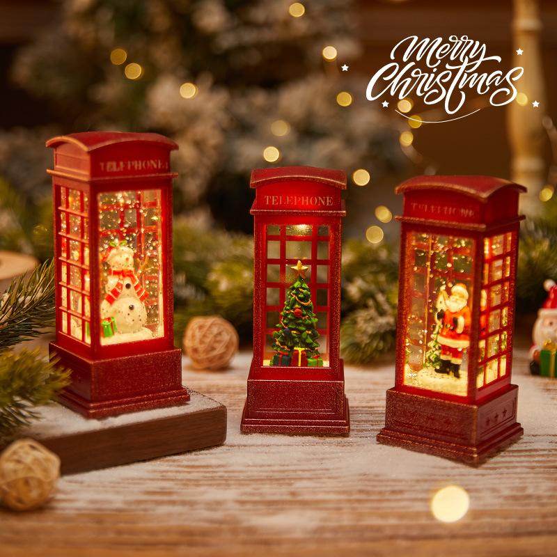 Christmas Red Vintage Luminous Phone Booth Lantern Christmas Tree Snowman Santa Claus Figurine In Telephone Booth Decoration