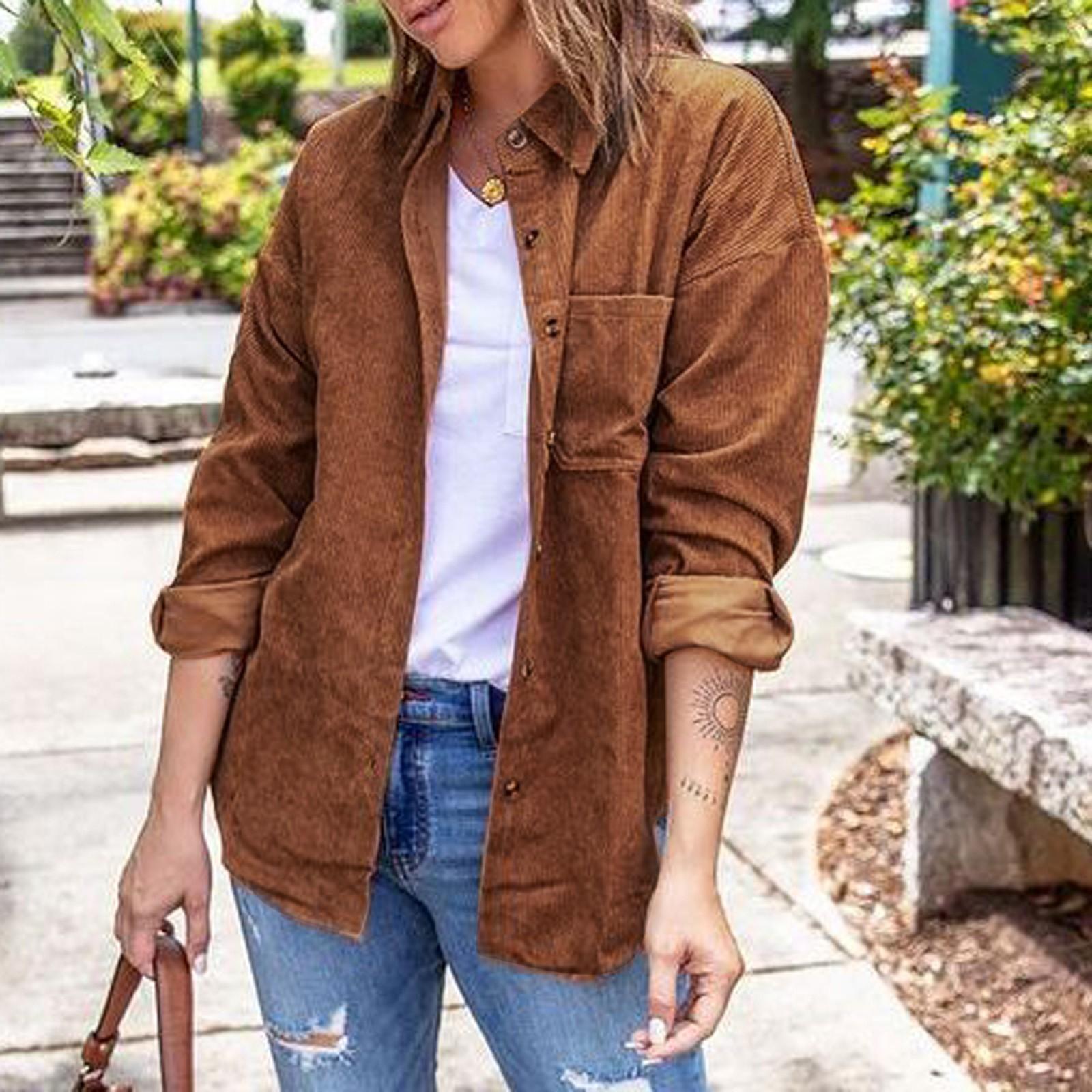 

Женская осенне-зимняя однотонная куртка с карманом на пуговицах и длинными рукавами с лацканами XL коричневый