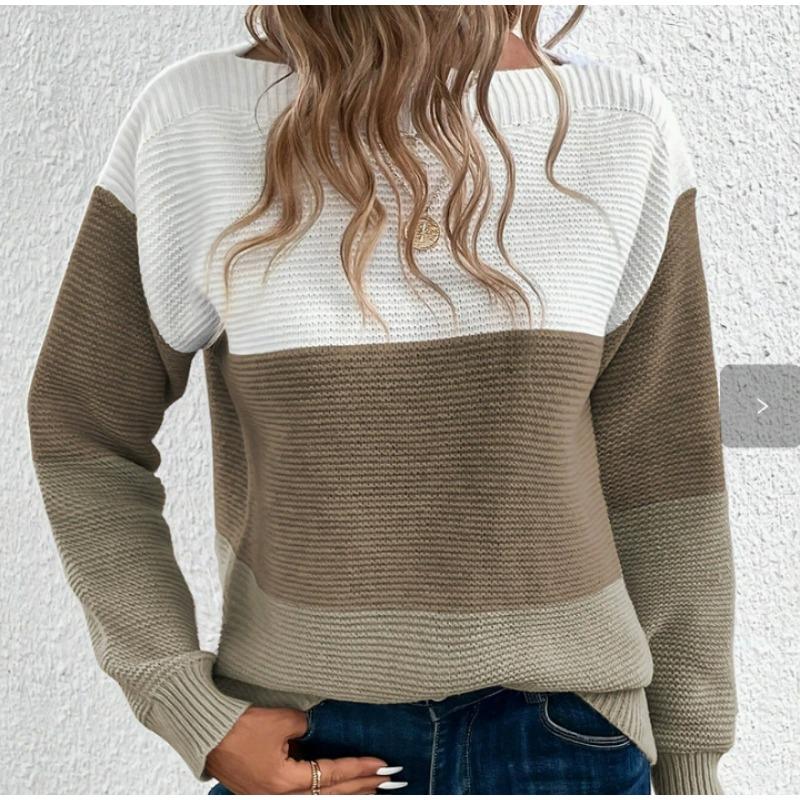 Damen S Farbblock Strickpullover Rundhalsausschnitt Langarm Pullover
