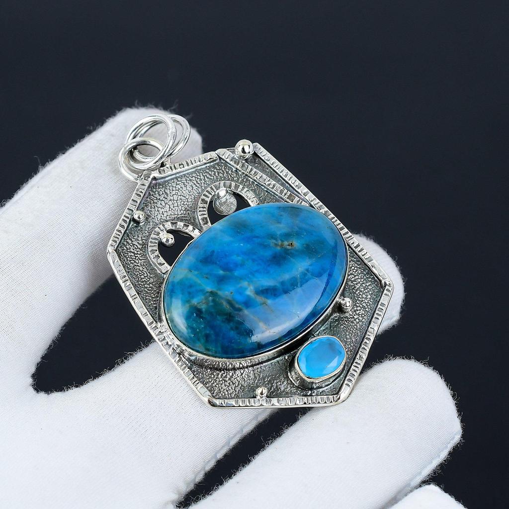 Neon Blue Apatite, Chalcedony Gemstone Pendant, Natural Apatite Gemstone Handmade 925 Sterling Silver Blue Apatite Pendant For Women Pendant For Gifts