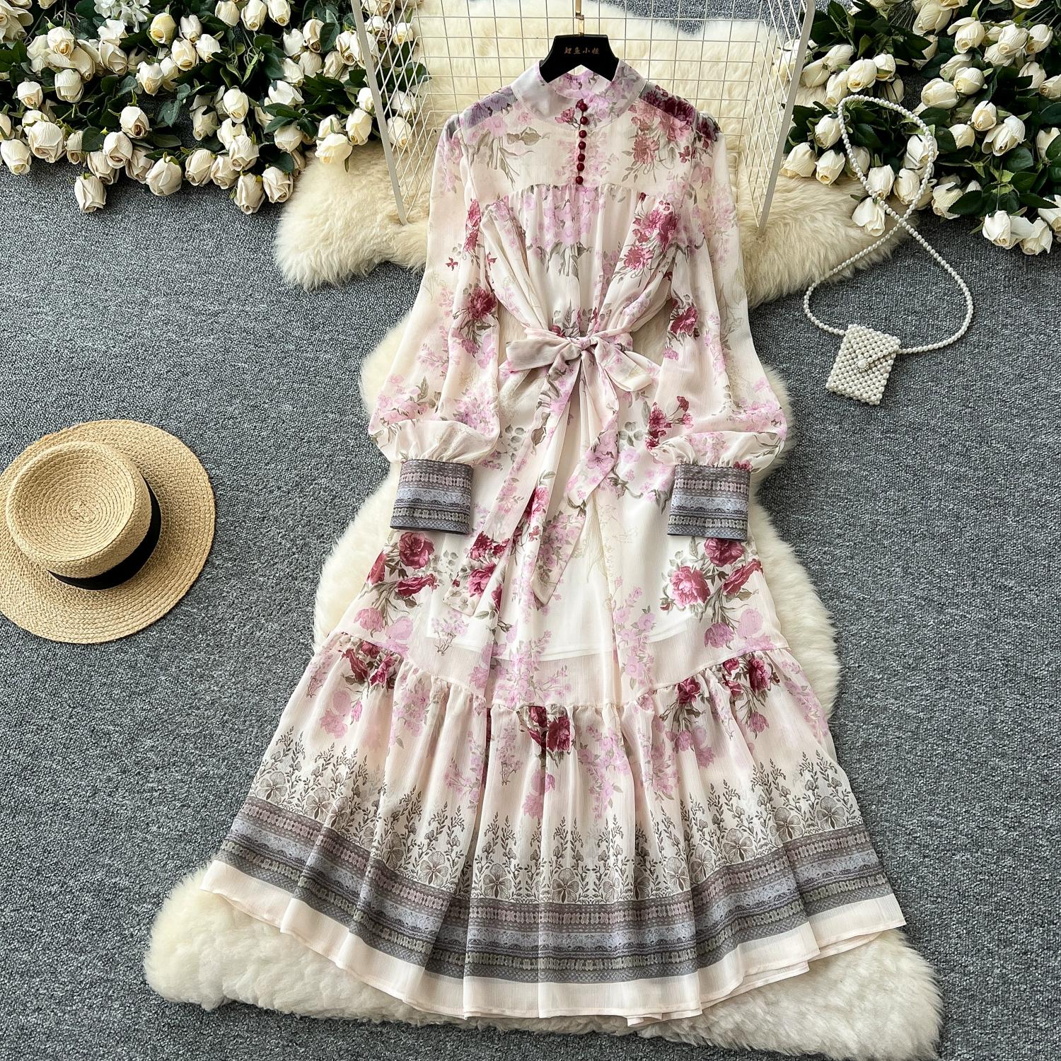 

Весна-лето Женские платья-стойки с винтажным принтом из шифона, длинные, миди, для отдыха на пляже, со шнуровкой 2XL