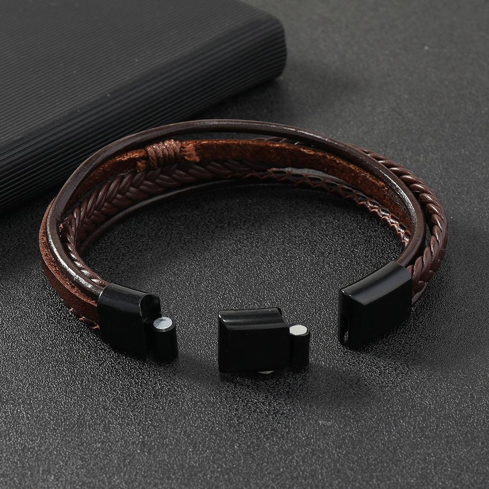 New Cross-border European American Style Trendy Layered Woven Leather Wrap Bracelet Unisex Simple Stylish Alloy Three-section