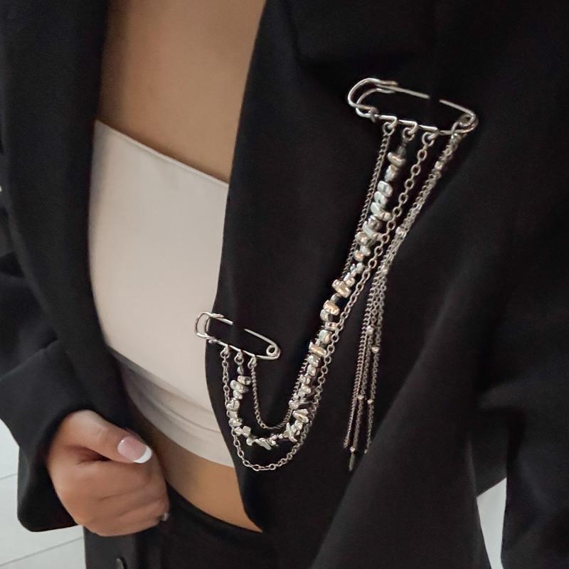 Metal Chain Pendant Long Tassel Brooch For Women Handmade Beaded Suit Coat Pins Jewelry Accessories
