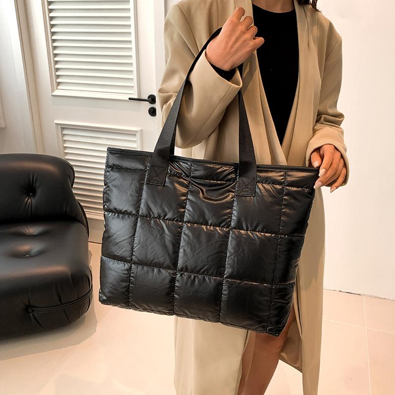 Ladies Tote Handbags Large Capacity Cotton Padded Shopping Bag Rhombus Portable Handbag Quilted Solid For Leisure Travel