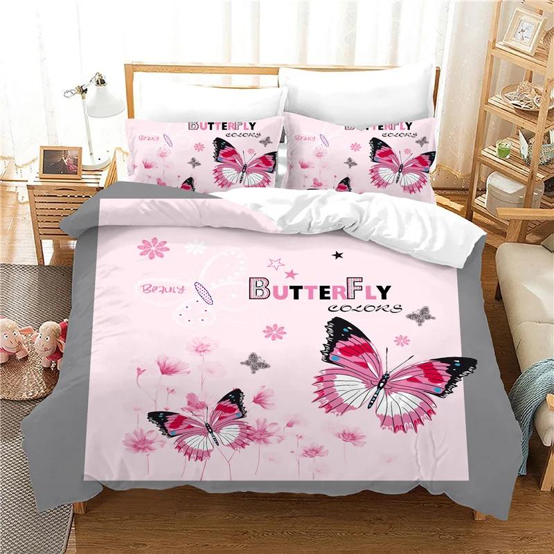 Set Copripiumino Principessa Coperture per Letto Misura Matrimoniale Stampa Reattiva Moda Ragazza Bella Farfalla Cartone Animato Set Biancheria da Letto Rosa