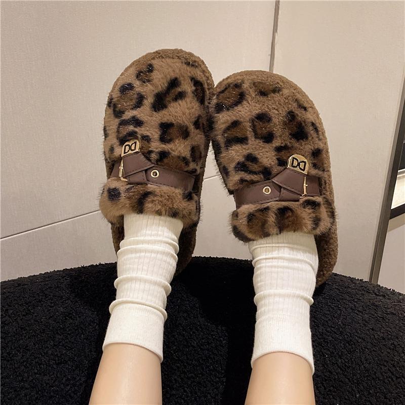 Fashion Winter New Baotou Slippers for Women Round Head Plush Deep Mouth Belt Buckle Anti-slip Wear-resistant Thick Sole Cotton Drag
