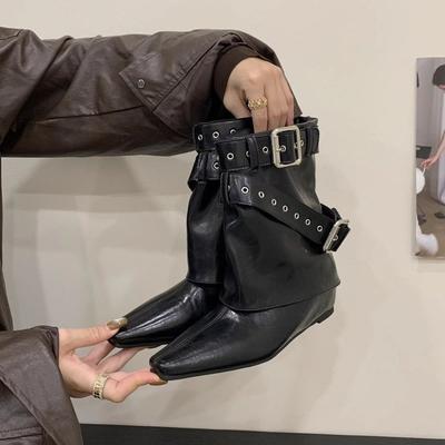 Women's Shoes New Spice Girl Riveted Trouser Legs Heightened Pointed Short Boots Women's Autumn and Winter New Western Cowboy Boots