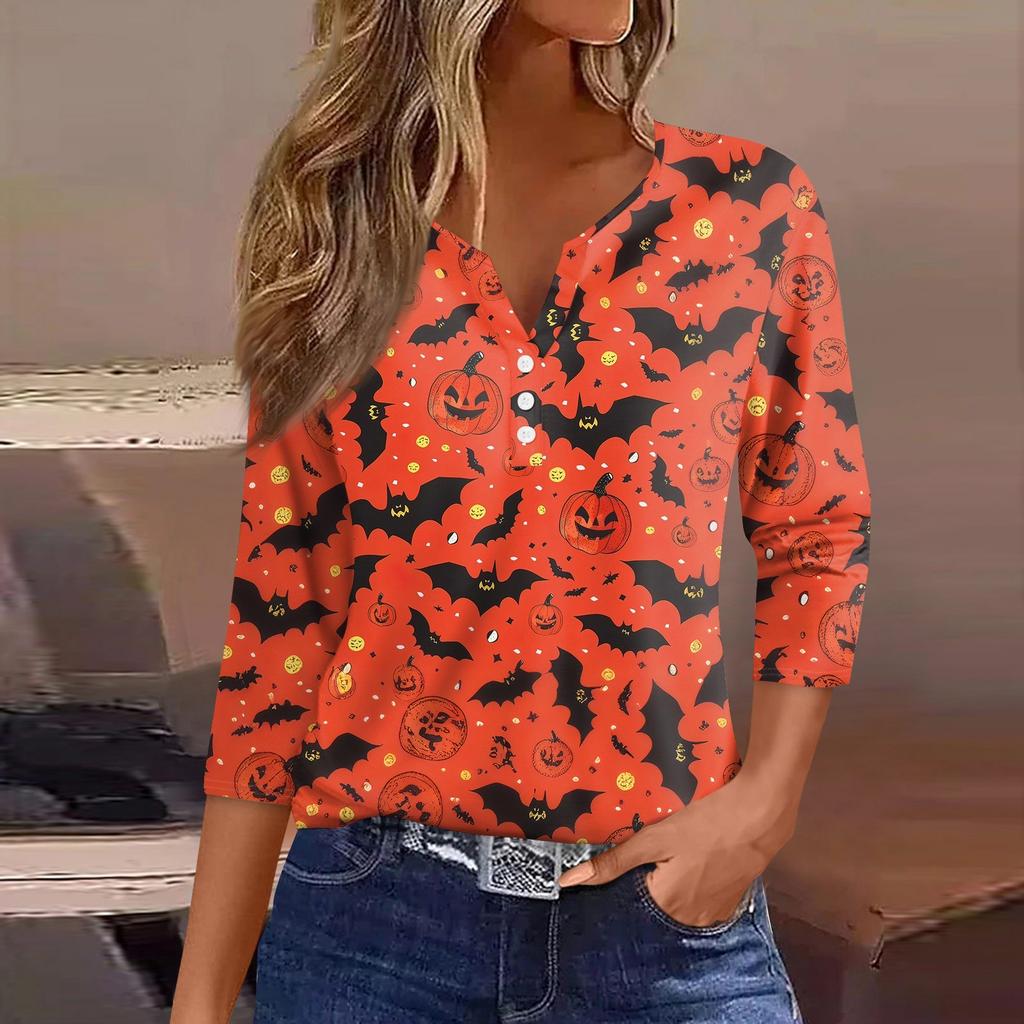 Damen-T-Shirt mit Halloween-Aufdruck und Knopfleiste, 3/4-Ärmel, modisch für den Alltag und das Wochenende, Basic, V-Ausschnitt, normales Oberteil