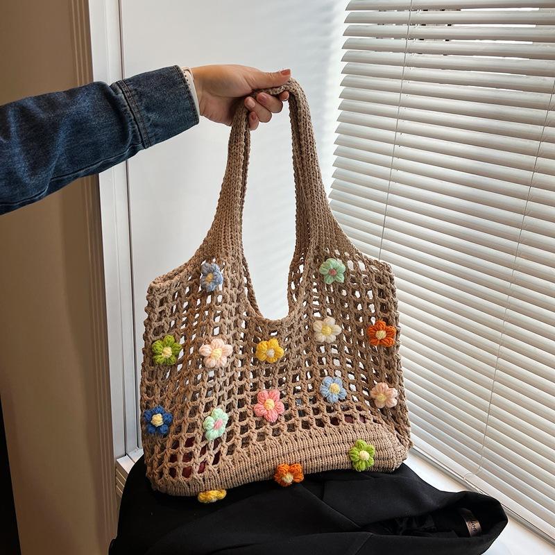 Harajuku Style Flower Hollow Knitted Shoulder Bag Large Capacity Crochet Bag Fresh Casual Beach Handbag For Women Gifts