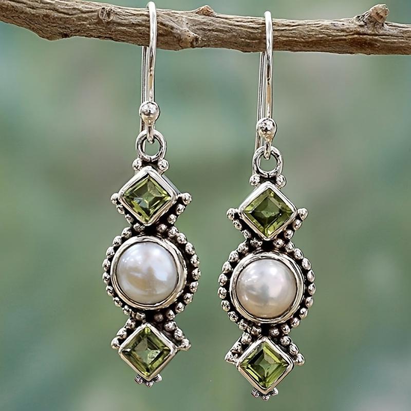Retro Thai Silver Pearl  Olive Green Square Diamond Dangle Earrings for Women