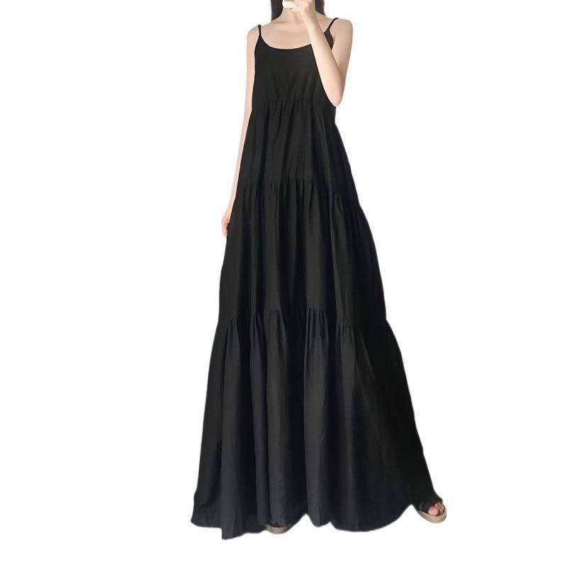 Korean Style Plus Size Spaghetti Strap Maxi Dress - Women's Slimming Summer Ankle-Length