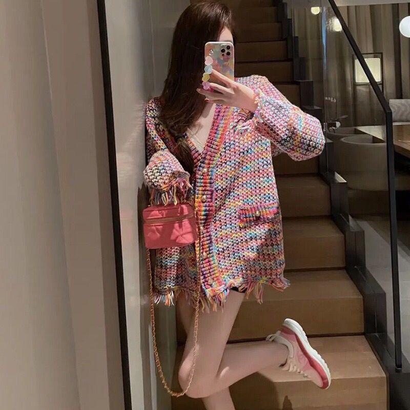 Autumn Rainbow Color Knitted Sweater Women Fashion V-Neck Tassel Decoration Cardigan Lady Retro Single-Breasted Casual Tops