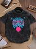 T-shirt Cool Tête de Léopard Avec Lunettes Roses Chewing-gum Graphique Lavage Vintage Col Rond Décontracté Manches Courtes Vêtement Quotidien Streetwear