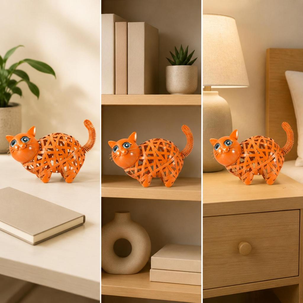 Cat Figurine with Woven Body Handmade Decoration Elegant for Desk, Collectors