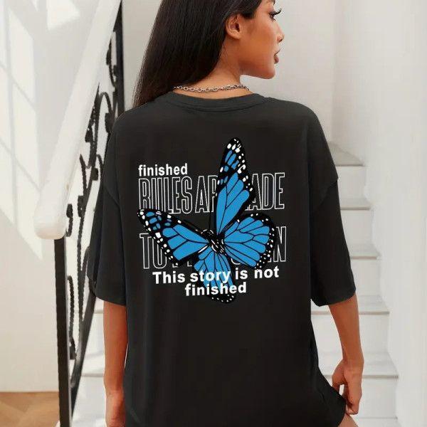 

Butterfly Print Short Sleeved Women s Pure Cotton Loose Top T-shirt Summer Top S чёрный