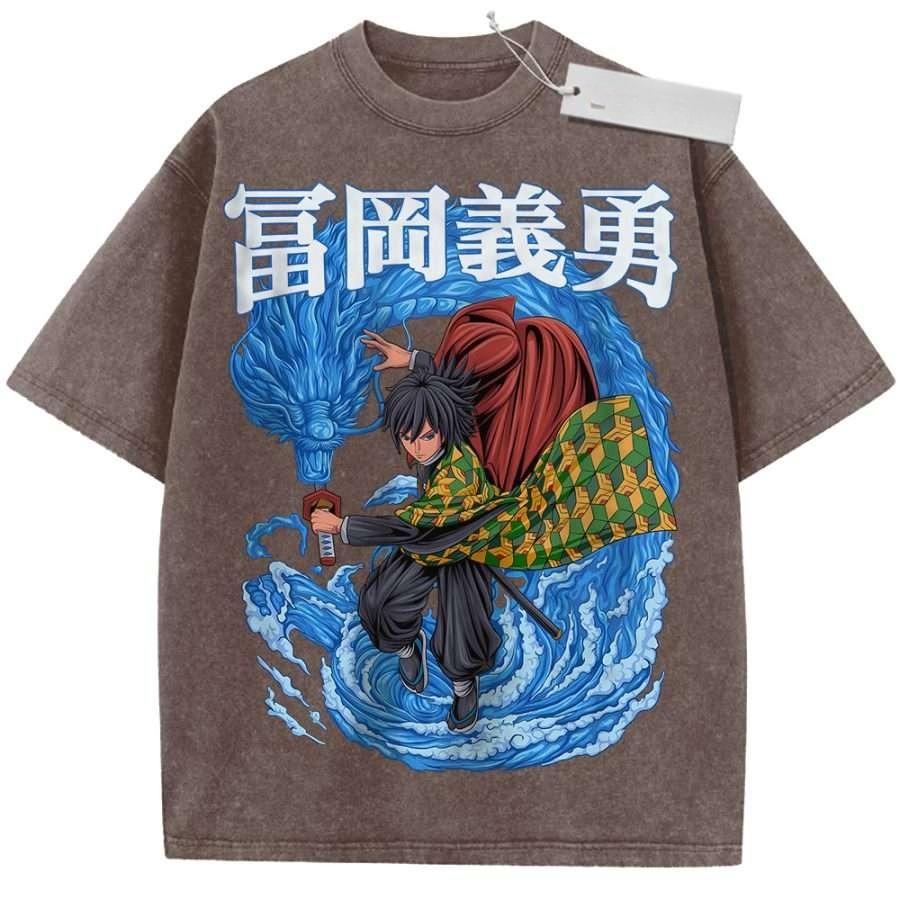 

Unisex Washed Purple Vintage Tshirt Demon Slayer Tomioka Giyu Blue Dragon Water Breathing Highquality Fabric for Home Leisure M