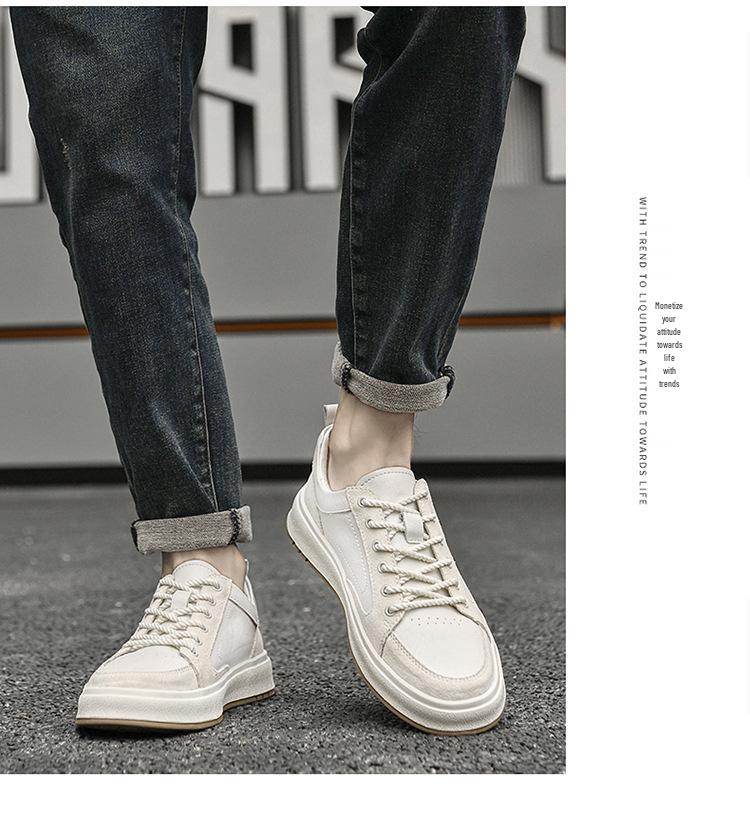 Men's Spring Low-Top Cowhide Sneakers - Fashionable, Large Size, Flat Bottom, White Sports Casual Shoes