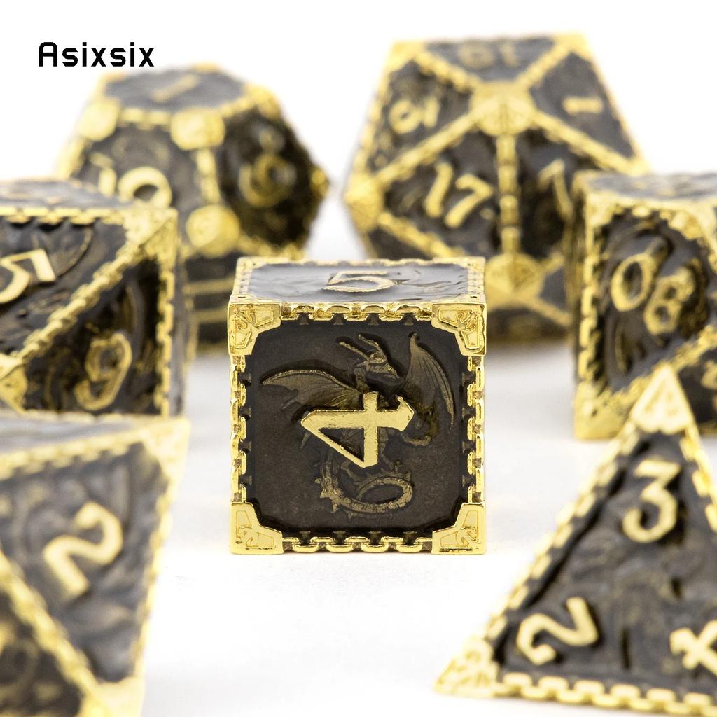 7 Pcs Black Golden Dragon Metal Dice Solid Metal Polyhedral Dice Set Suitable For Role-Playing Dice PropBoard Game Gift