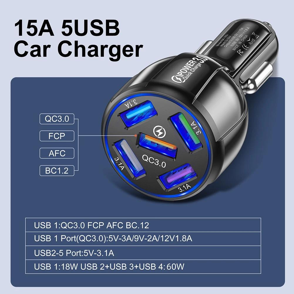 15A 5 Ports USB Car Charge Mini LED Fast Charging For iPhone 12 Xiaomi Huawei Mobile Phone Charger Adapter In Car Tablet