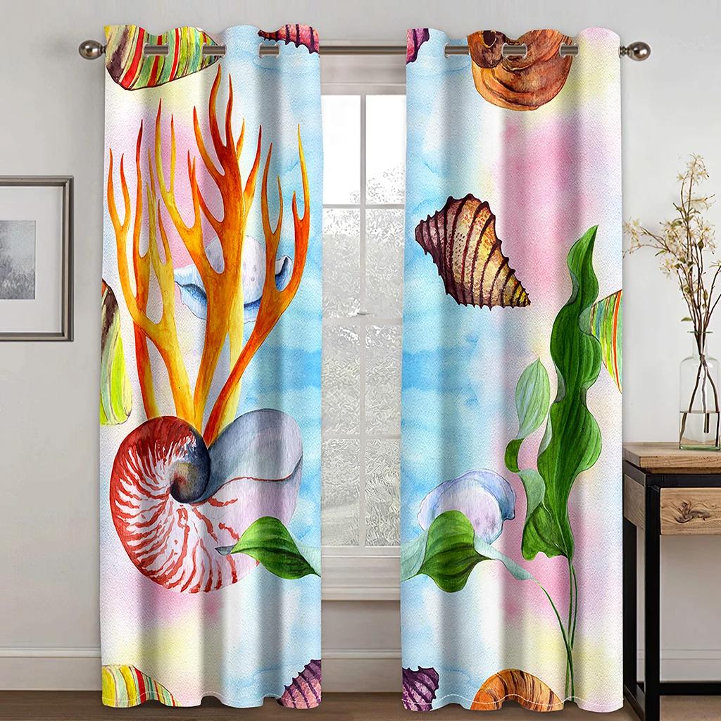 Marine Animal and Plant Theme High Blackout Curtains Shell Pattern Thick Clackout Drape Various Styles Bedroom Home Curtain Hot