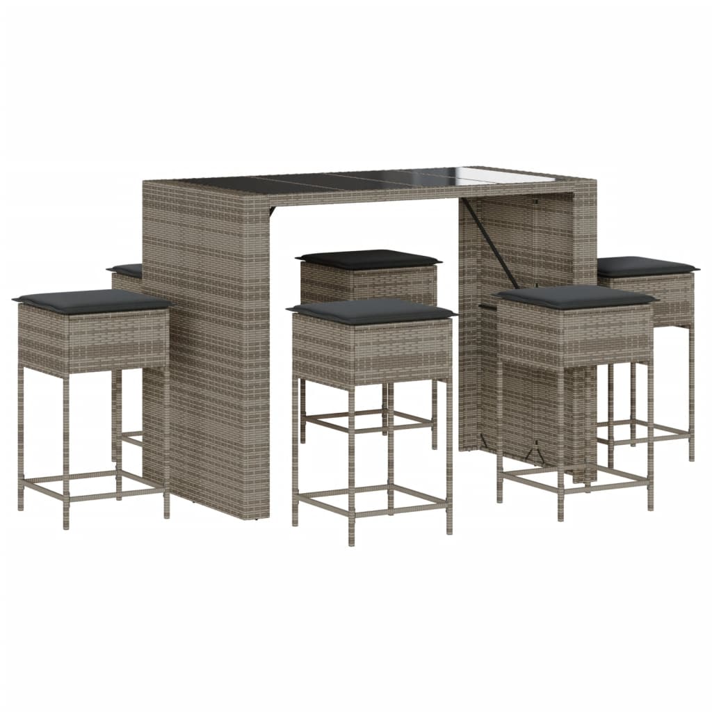 7-teiliges Gartenbar-Set mit Kissen aus grauem Poly-Rattan