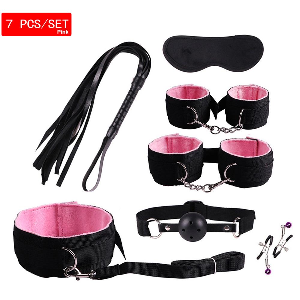 7 Piece/Set BDSM Sexual Bondage Adult Female Sex Toys Sex Handcuffs Leather Whip Nipple Clips Blindfolds Gag Balls Sex Toys