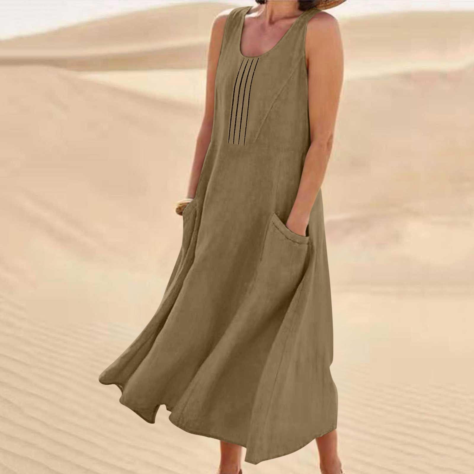 

Women s Fashion Casual Colour Sleeveless Cotton Linen Pocket Dress XL хакі