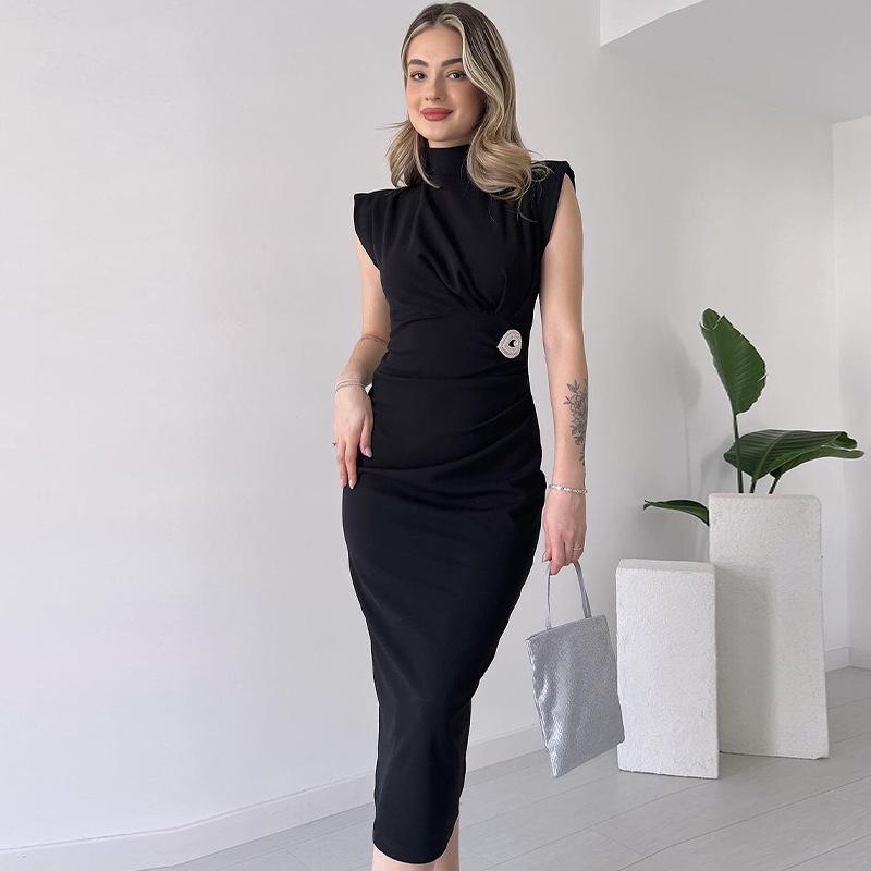 

Летнее платье облегающего кроя с рукавами-рюшами в европейском и американском стиле и полувысоким воротом для женщин. XL чёрный