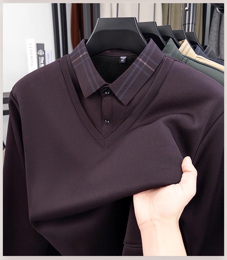Men's Winter Thickened Velvet Two-Piece Faux Layered POLO Shirt with Warm Lapel - Long Sleeve for Middle-Aged Dad